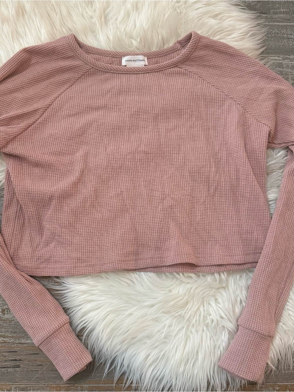 Lovers + Friends Pink Waffle Knit Cropped Long Sleeve Top Small Lounge - Picture 2 of 2